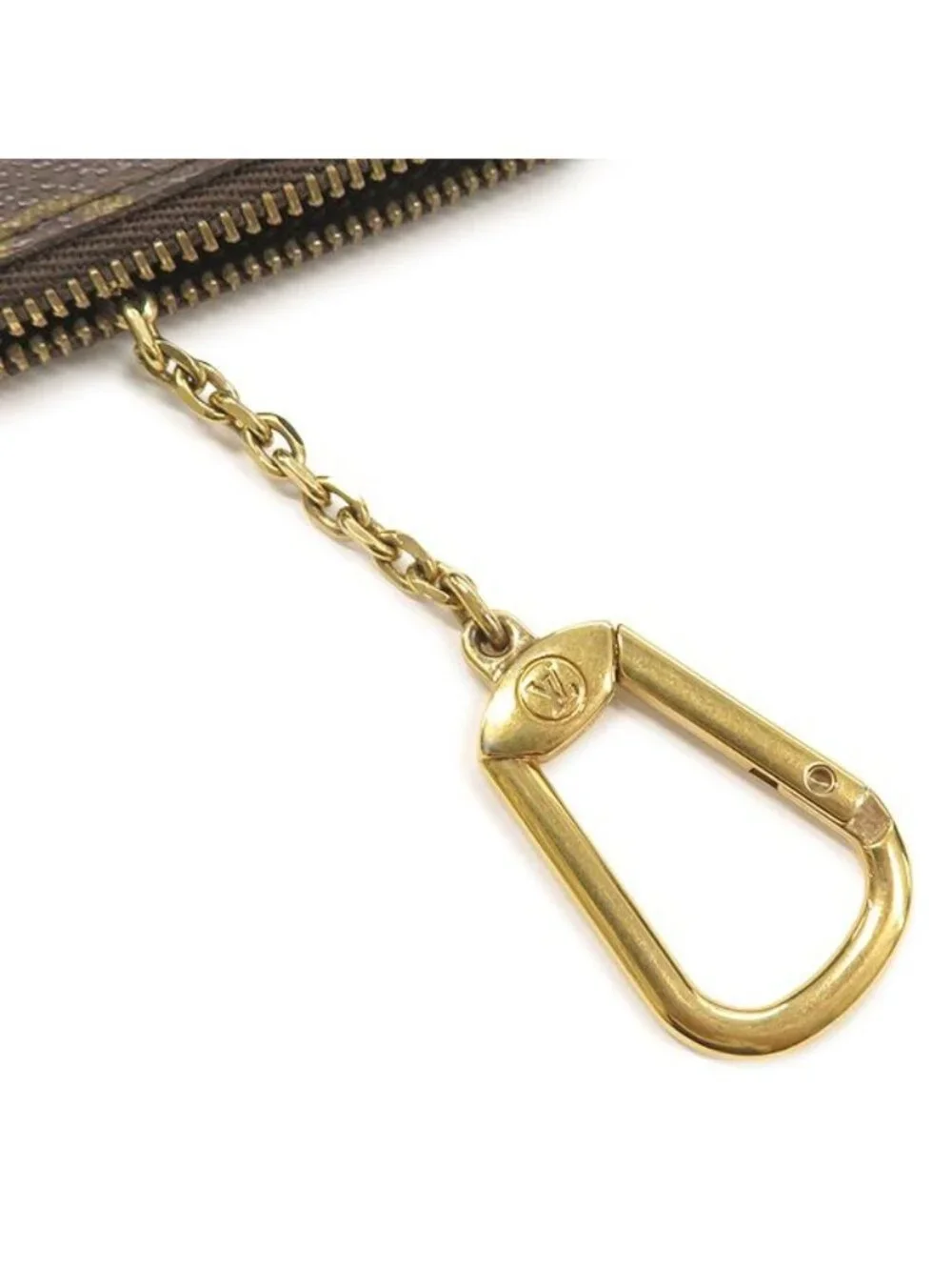 Louis Vuitton Coin Purse Pochette Cles Monogram Canvas Gold Brown Key with Chain